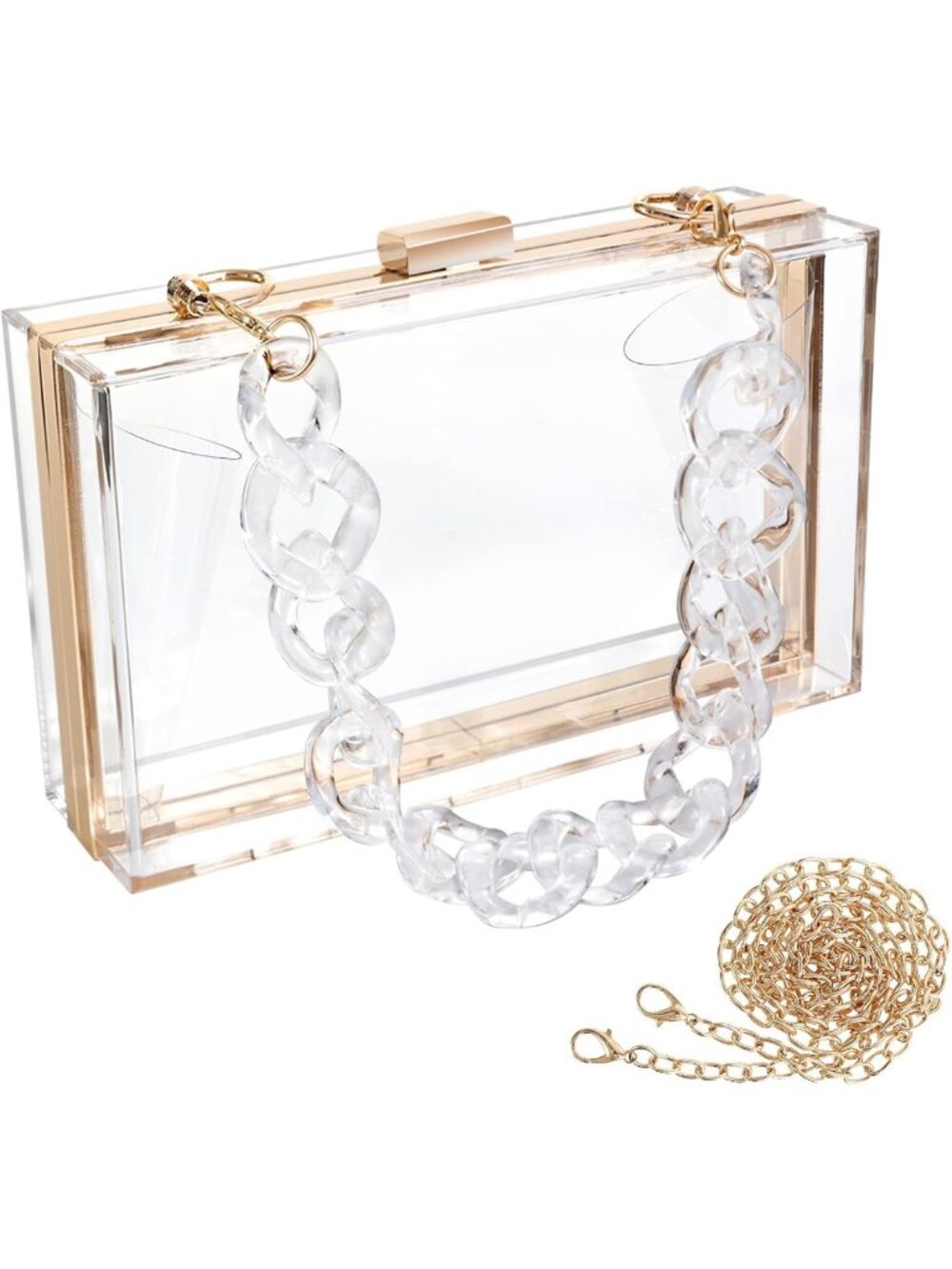 Clear Acrylic Crossbody Clutch with Gold Chain Strap | Transparent Evening Purse